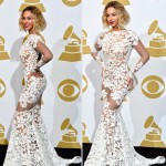 2014 Grammy Awards Beyonce white lace Michael Costello dress