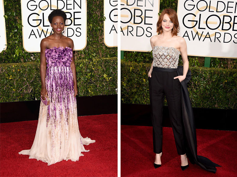 2015 Golden Globes Red Carpet Lupita Nyongo Emma Stone