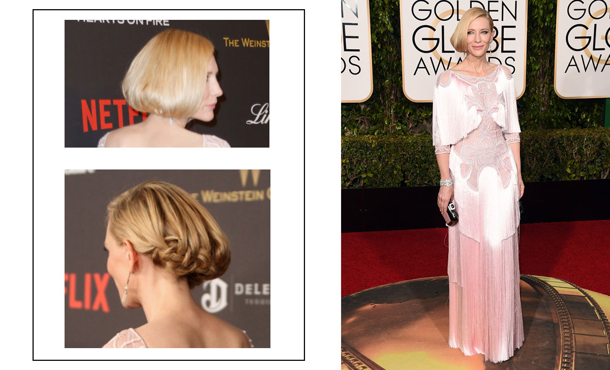 2016 Golden Globes Red Carpet hairdo sideswept faux bob Cate Blanchett