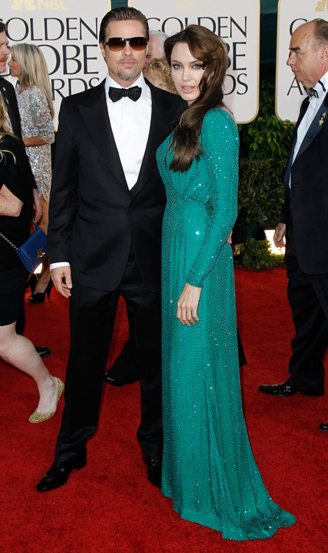 Angelina Jolie green Versace dress Golden Globes 2011 with Brad Pitt