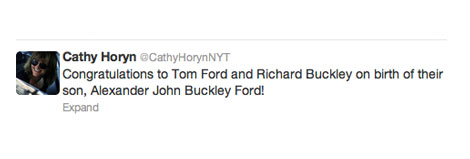 Cathy Horyn Tweet about Tom Ford son