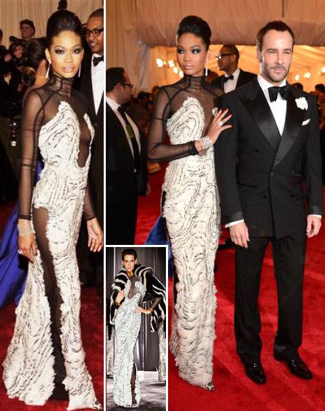 Models At Met Gala 2012: Chanel Iman In Tom Ford Black And White Dress