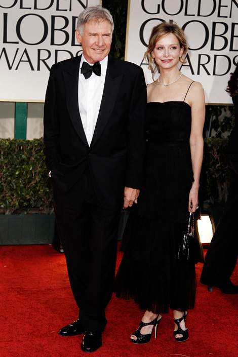 Harrison Ford with wife Calista Flockhart in black dress 2012 Golden Globes