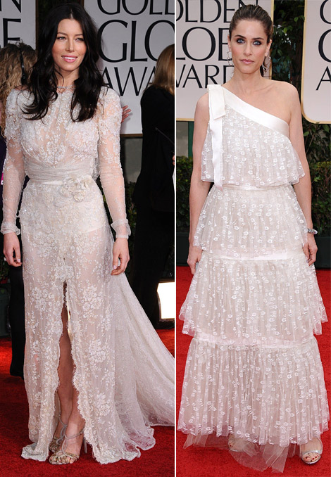 Jessica Biel Amanda Peet white lace dresses 2012 Golden Globes