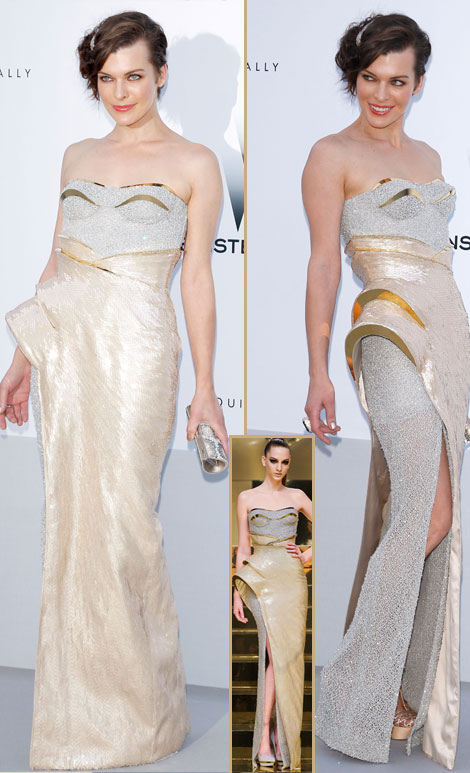 Milla Jovovich Atelier Versace metallic dress amfAR Cannes 2012