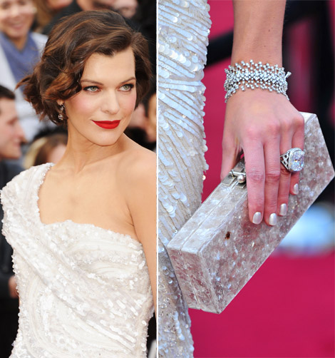 Milla Jovovich hair makeup and Jewelry 2012 Oscars