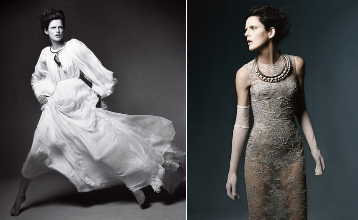 Stella Tennant haute couture pictorial gray Atelier Versace dress