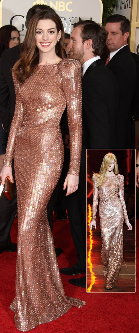 Anne Hathaway Armani Prive Sequined dress Golden Globes 2011