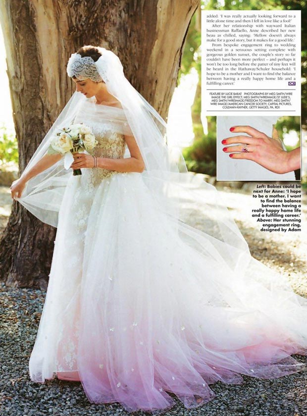 Anne Hathaway soft pink wedding gown lovely bouquet