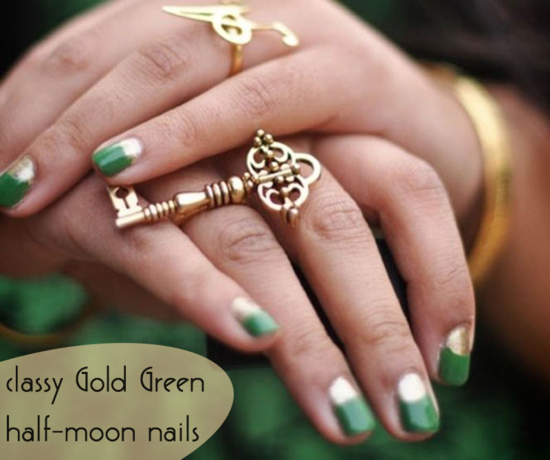 classy gold green halfmoon nails for spring