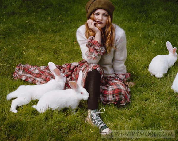 Drew Barrymore Pop magazine November animals issue rabbits tartan