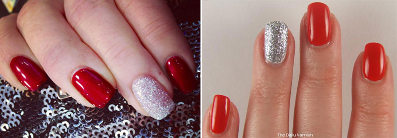 examples of red nails and silver glitter
