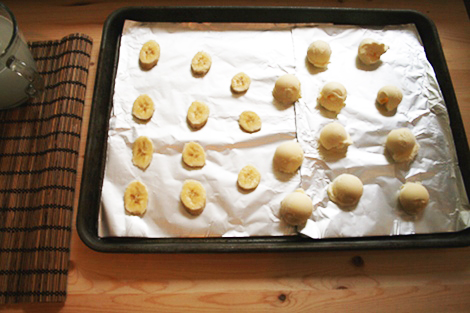 Ice cream scoops Banana Slices Cookie tray