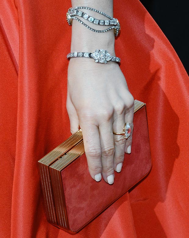 Jennifer Aniston jewelry Ferragamo clutch 2013 Oscars