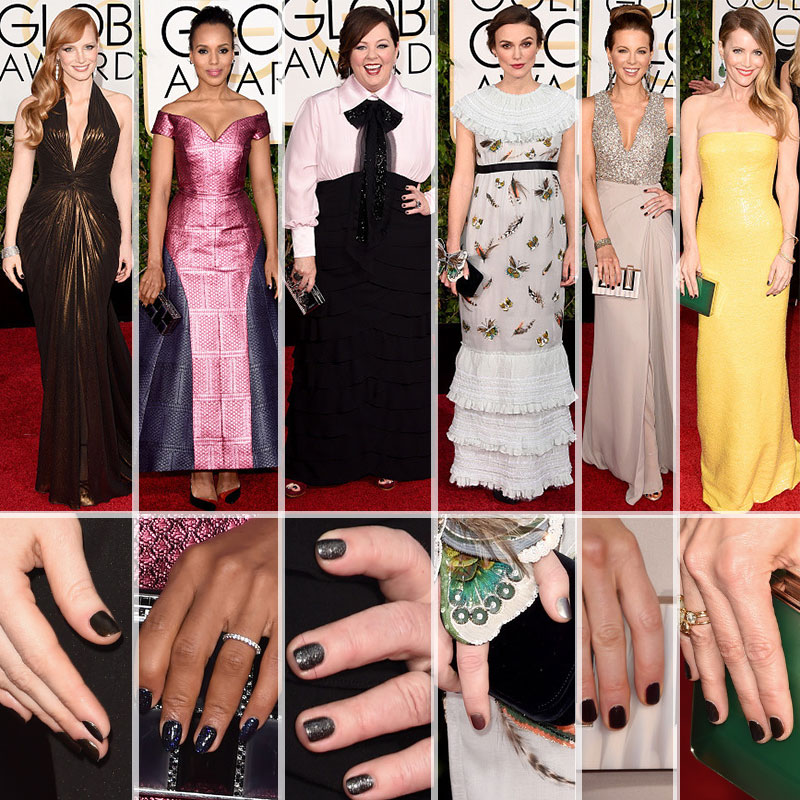 Red Carpet dark nails Golden Globes Jessica Chastain Kerry Washington Kate Beckinsale Leslie Mann