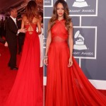 Rihanna red Azzedine Alaia dress 2013 Grammy Awards