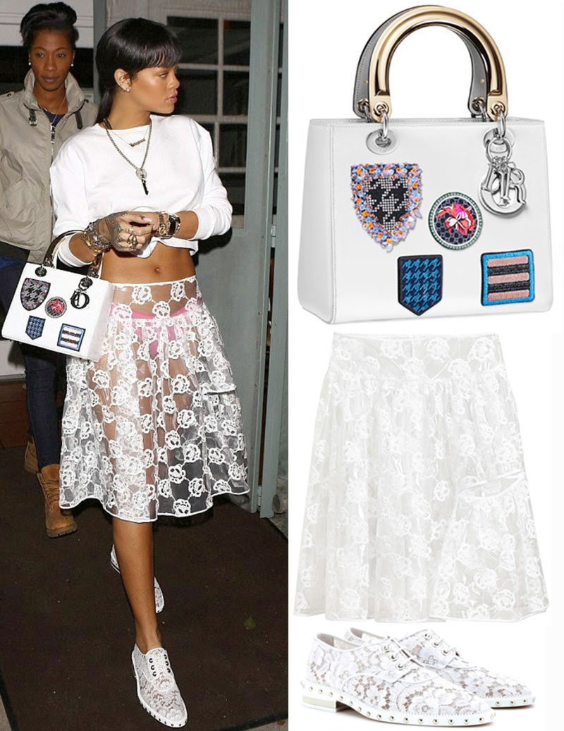 Rihanna white outfit lace skirt Simone Rocha lace oxfords Givenchy Dior bag