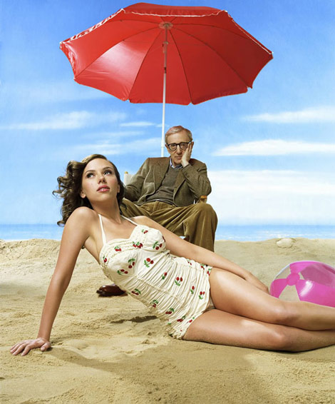 Scarlett Johansson Woody Allen the beach red umbrella