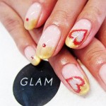Valentines day golden french nails red hearts