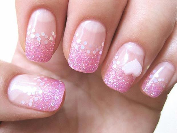 Valentines day pink glitter french nails white heart