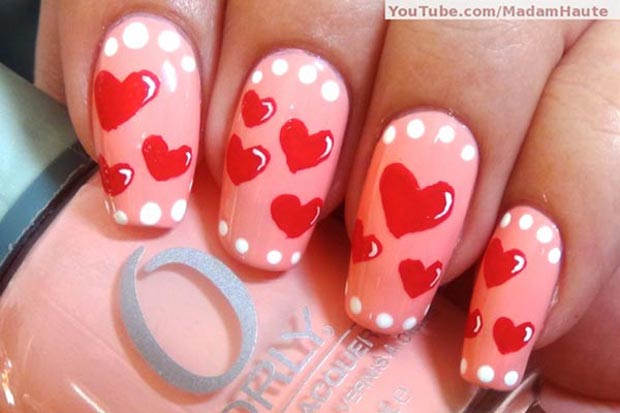 Valentines day pink nails white dots red hearts