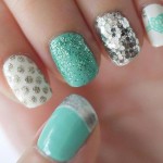 Valentines day teal white nails silver dots glitter
